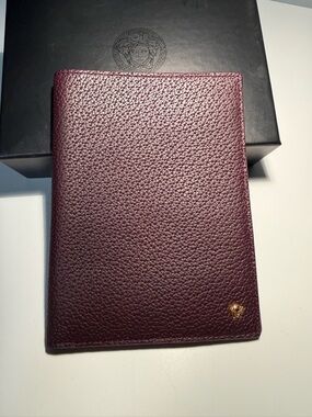Versace Men's Deep Plum Pebbled Leather Passport/Card Holder with Gold Medusa
